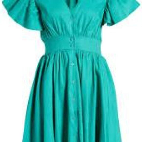 CHELSEA 28 RUFFLE SLEEBE BUTTON UP GREEN DRESS SIZE SMALL - Picture 2 of 12